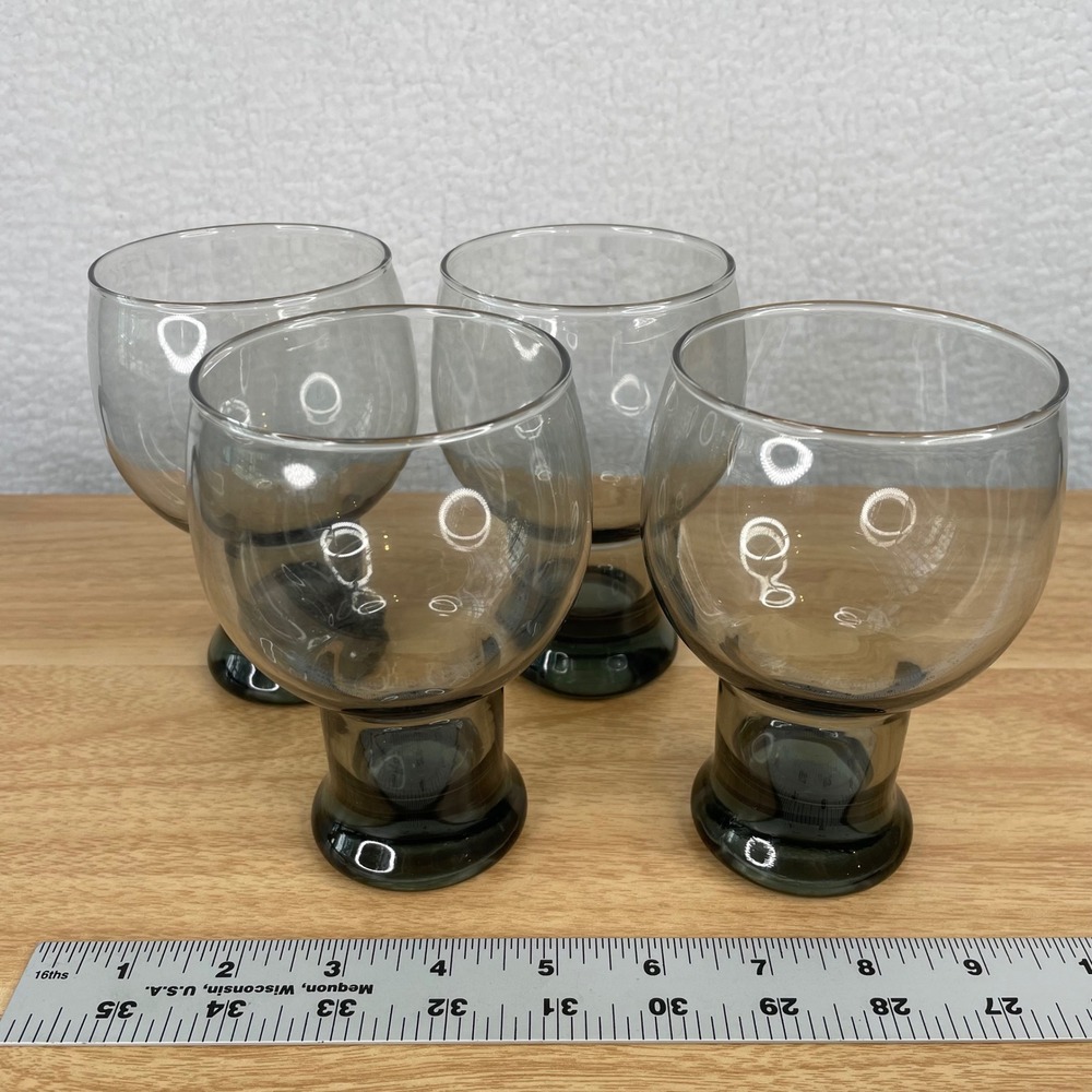 Vintage Libbey STAX Smoky Gray Glass MCM Pedestal Glasses Set of 4 Pilsner